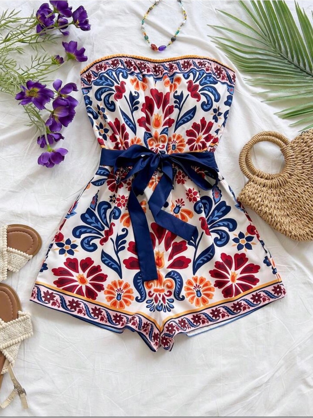 Strapless Floral Print Romper with Navy Waist Tie